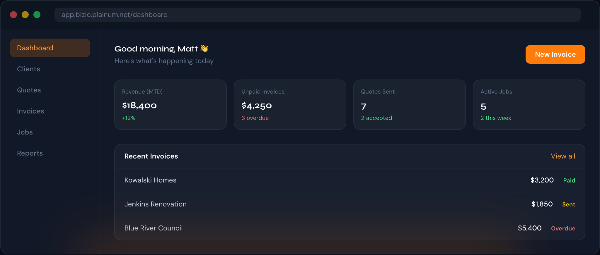 Bizio dashboard preview showing revenue, unpaid invoices, active jobs, and recent invoices